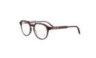 A pair of brown-framed glasses with a dark frame and clear lenses.