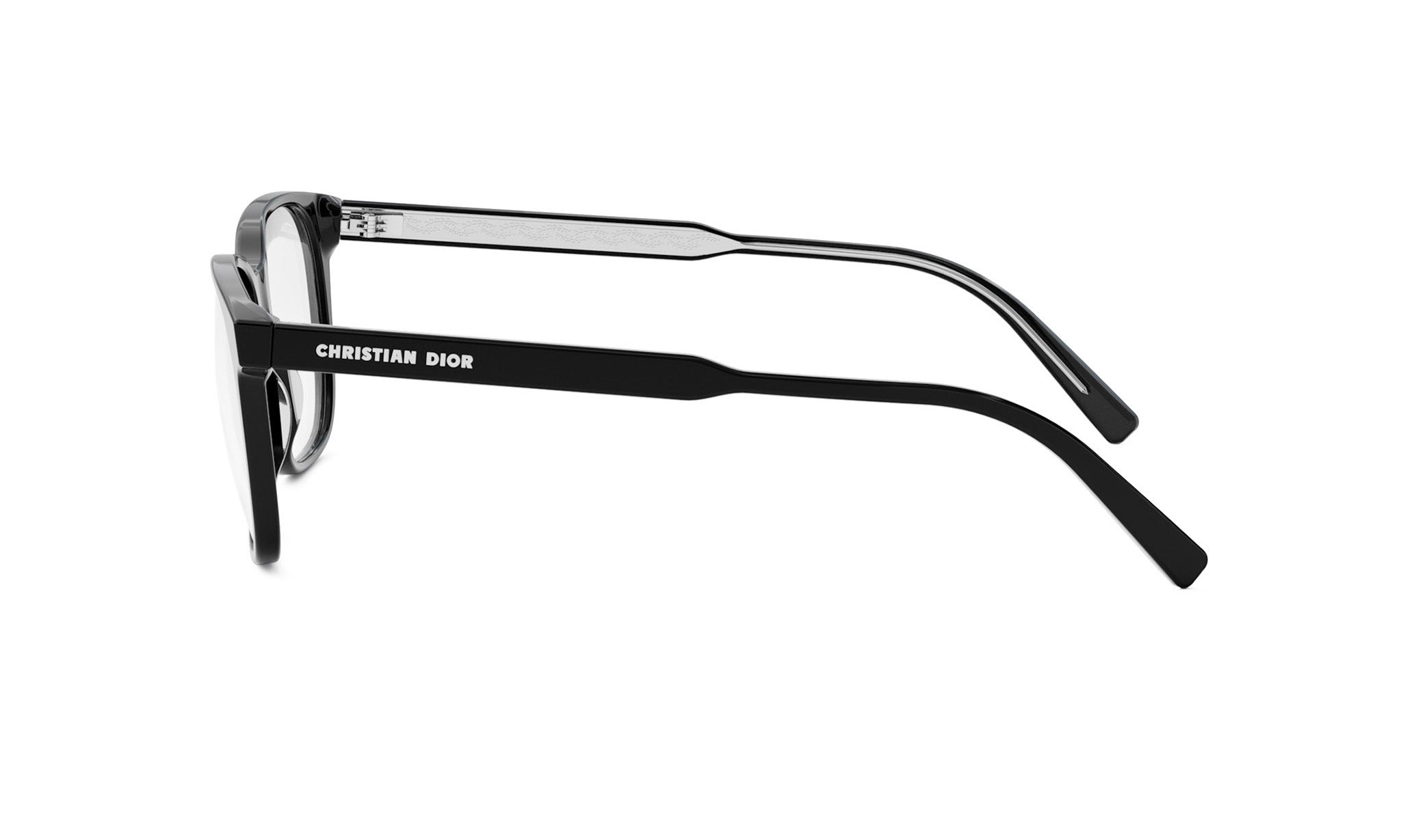 A pair of black-framed glasses with the brand name "Christian Dior" printed on the side.