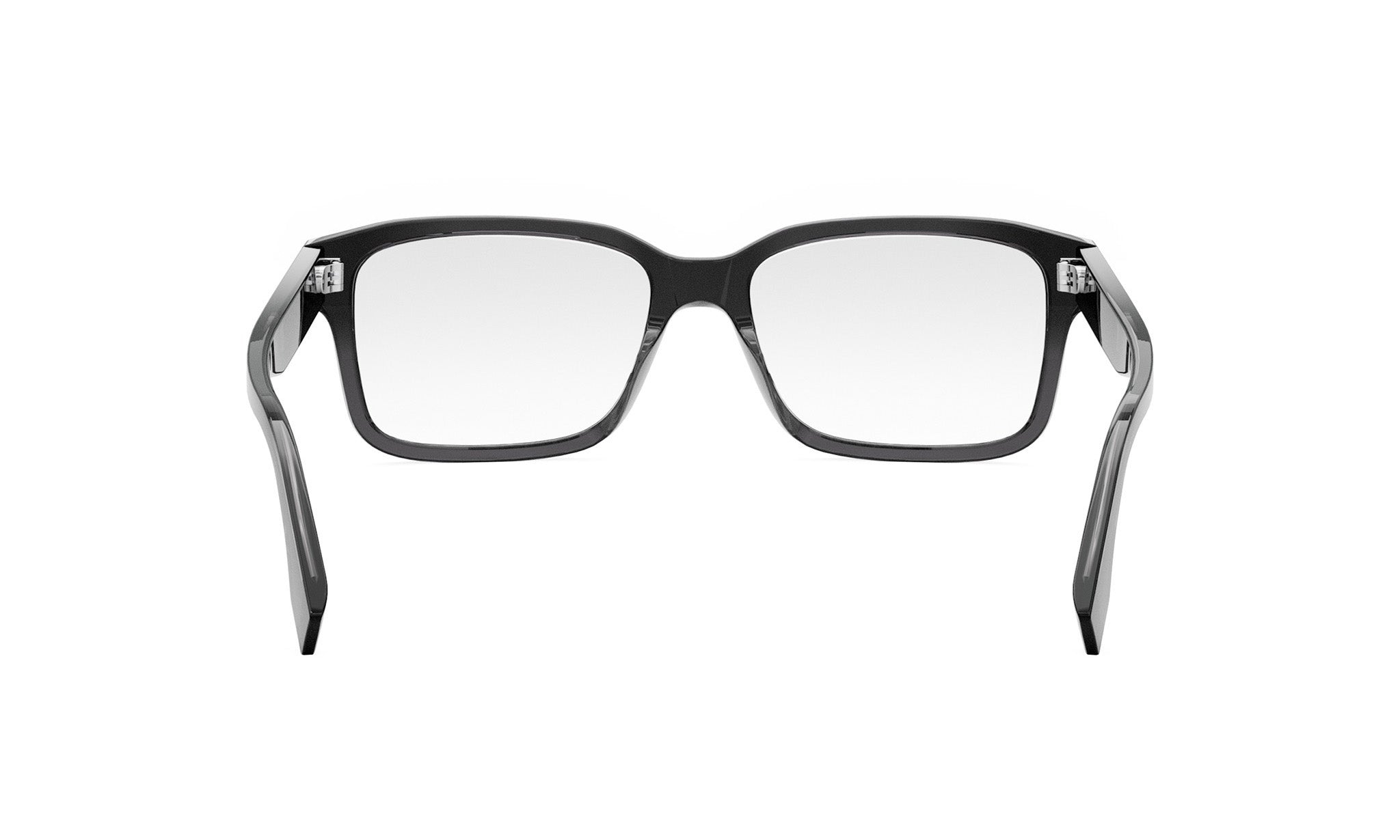 A pair of black-framed glasses with a clear lens, shown from the front view.