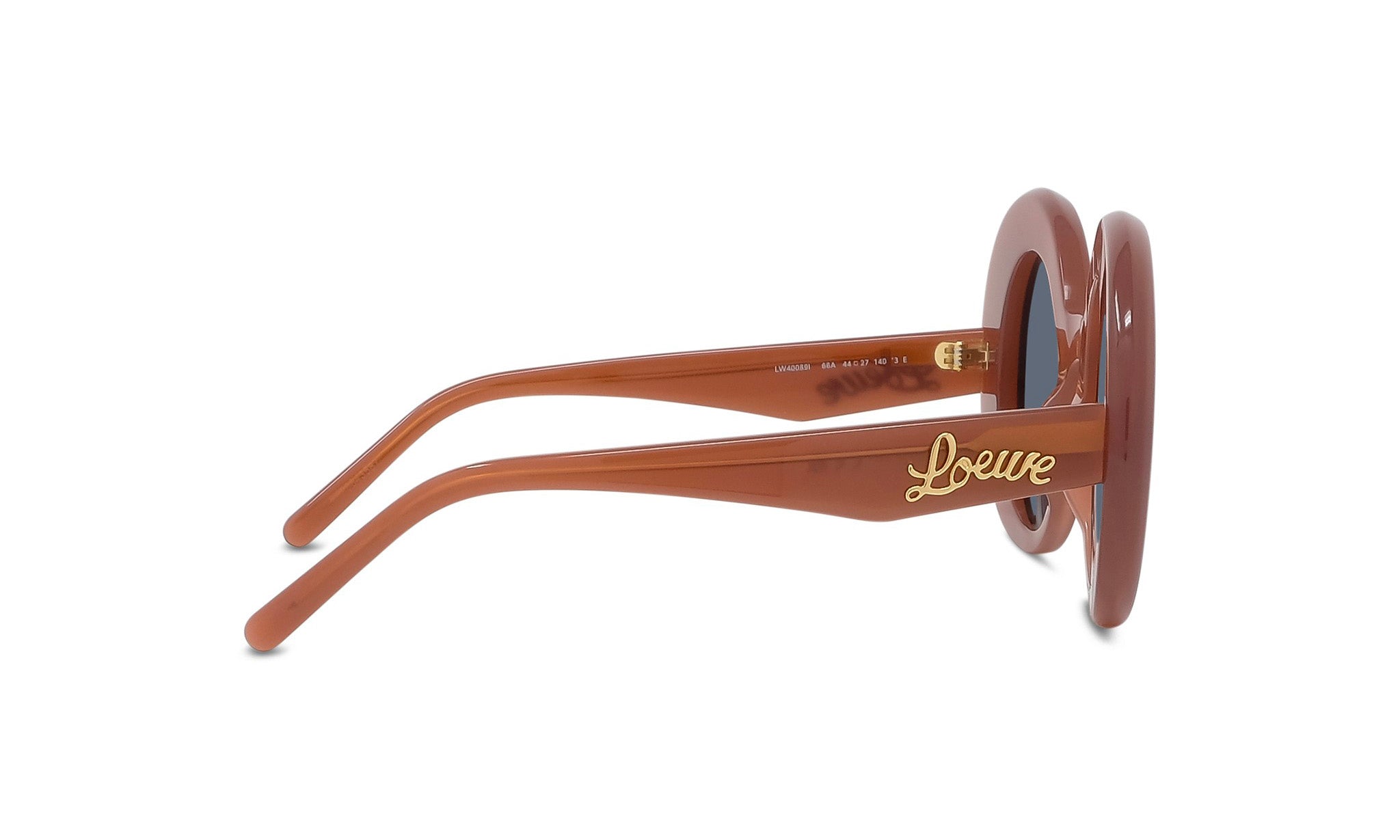 A pair of brown sunglasses with the LESS THAN 500 characters logo on the frame.
