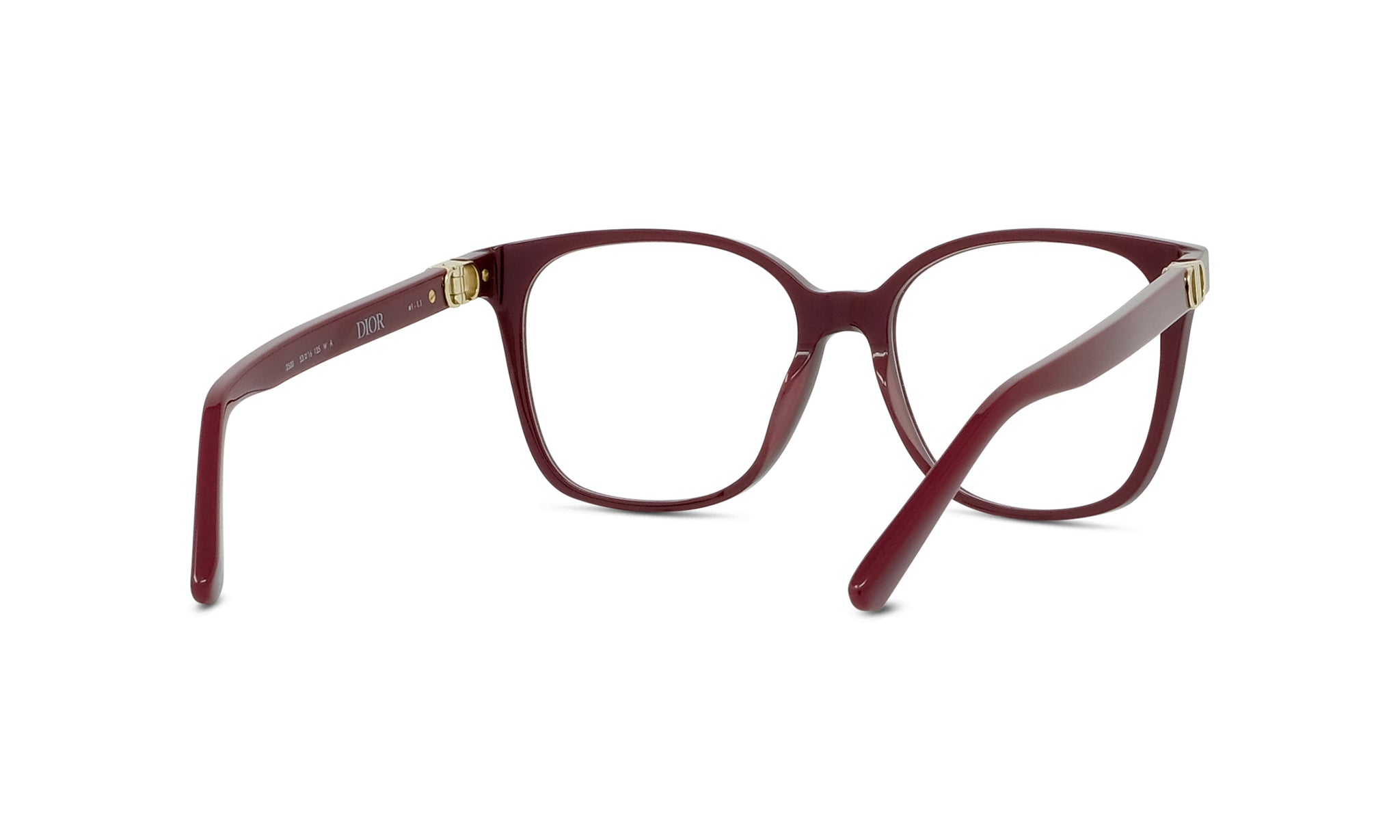 A pair of burgundy-colored eyeglasses with gold accents, positioned facing forward against a white background.
