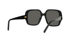 A pair of black sunglasses with dark lenses.