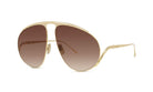 A pair of gold-colored sunglasses with a dark brown gradient lens.