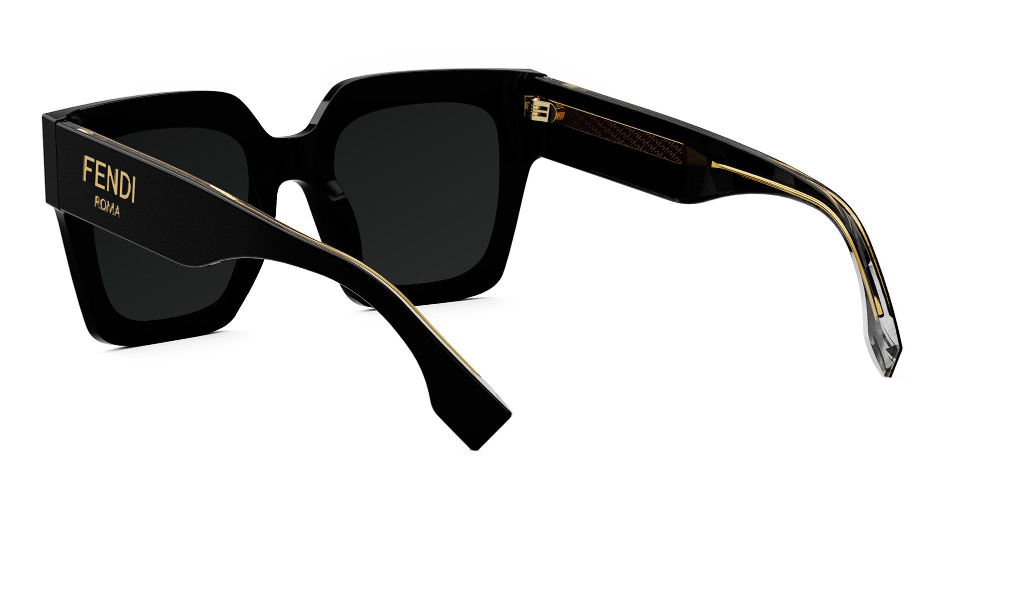 A pair of black sunglasses with gold accents, featuring the Fendi logo on the frame.