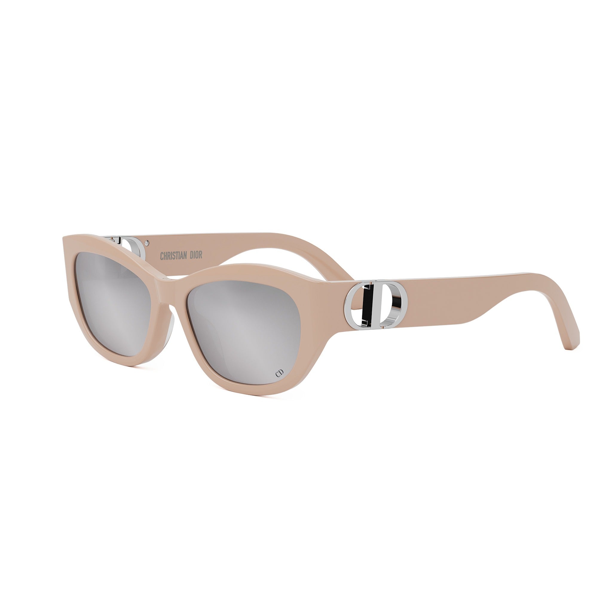 A pair of tan-colored sunglasses with a silver logo on the frame.