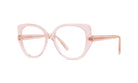 A pair of pink-tinted glasses with a unique, cat-eye frame design.