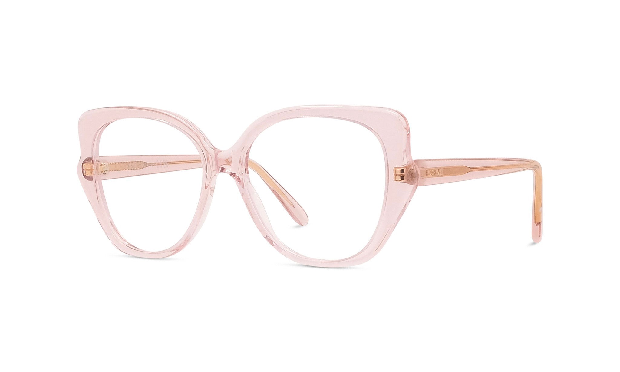 A pair of pink-tinted glasses with a unique, cat-eye frame design.