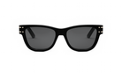 A pair of black sunglasses with dark lenses.
