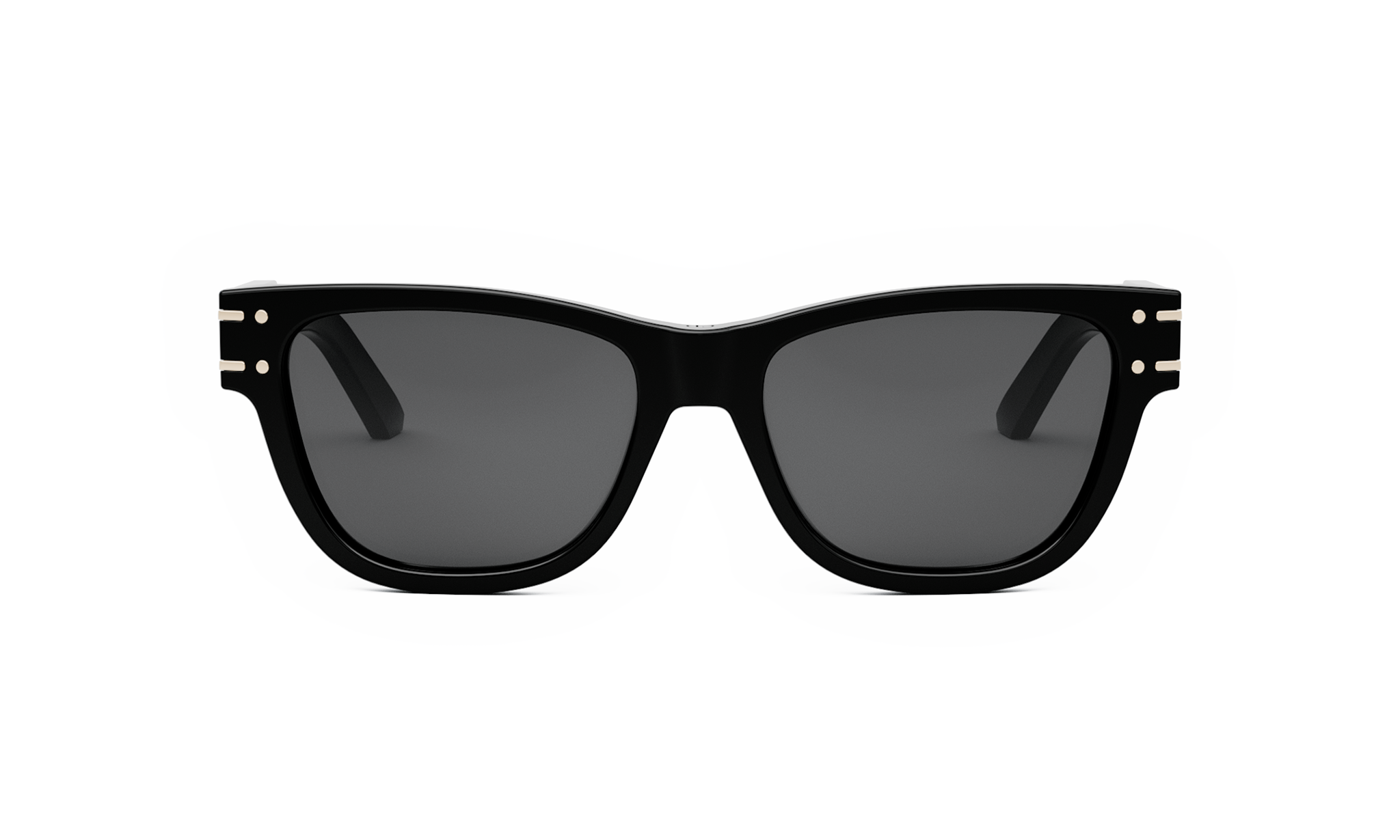 A pair of black sunglasses with dark lenses.