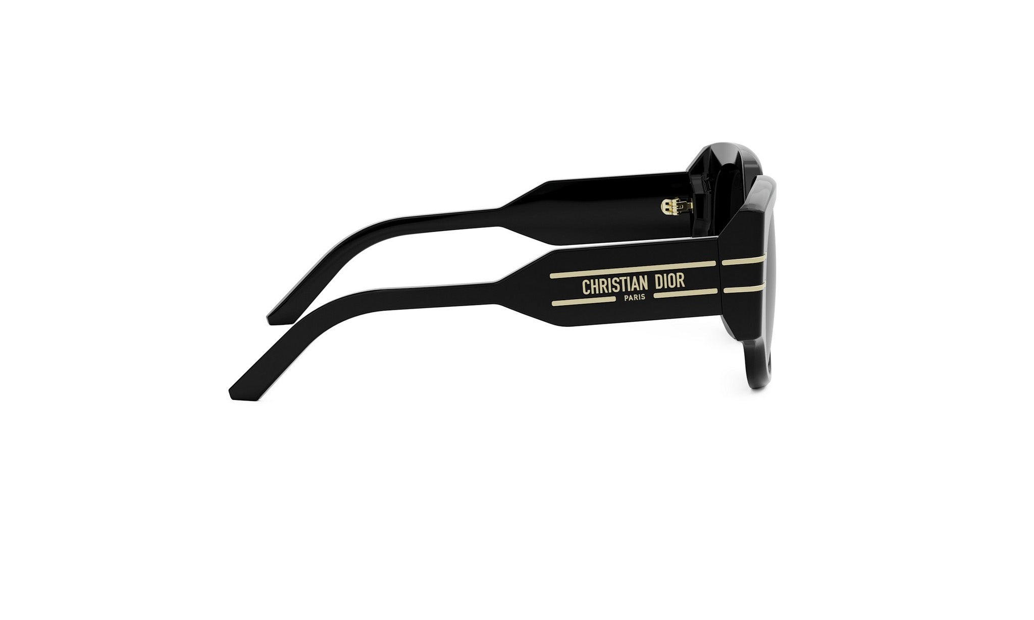 A pair of black sunglasses with gold text on the frame.