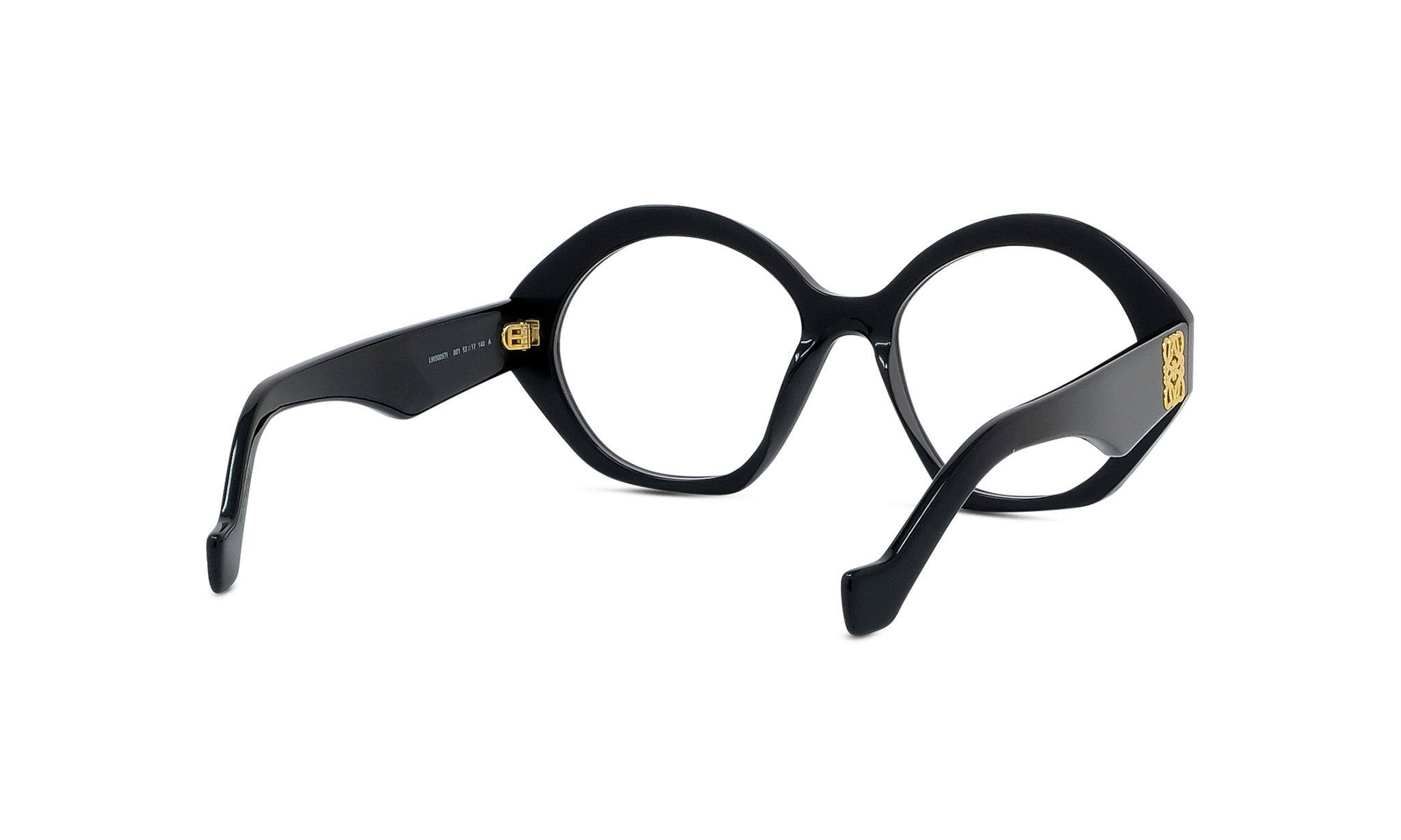 A pair of black, round-framed glasses with gold accents.