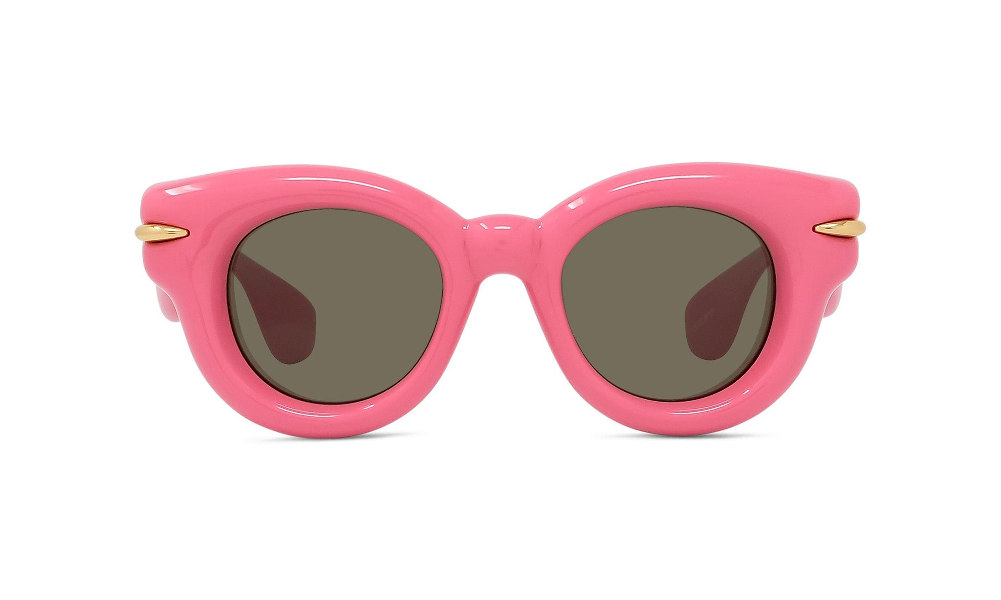 A pair of pink sunglasses with dark lenses.