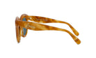 A pair of tan-colored sunglasses with the LESS THAN 500 characters logo on the frame.