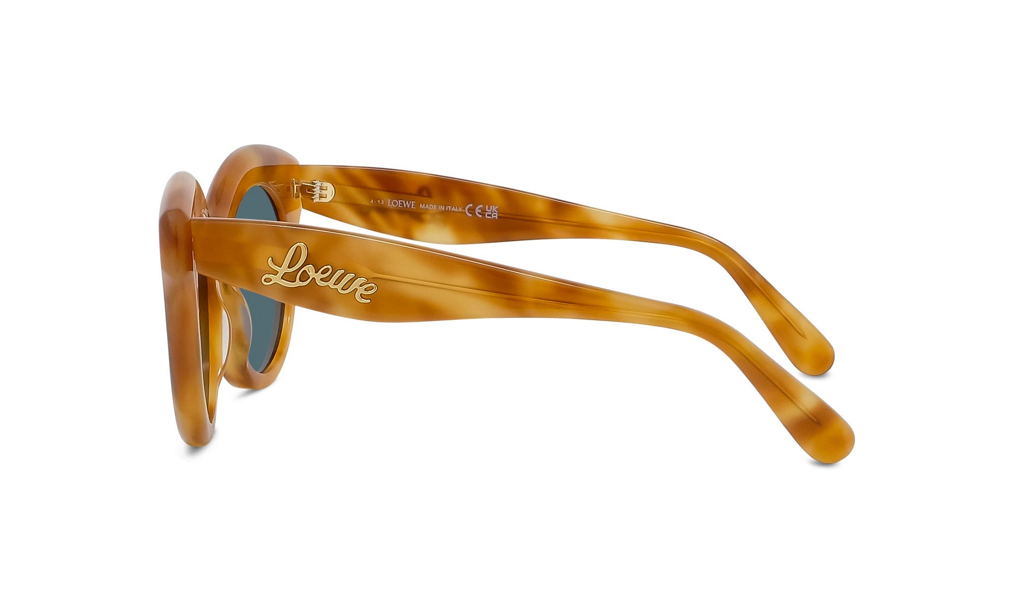 A pair of tan-colored sunglasses with the LESS THAN 500 characters logo on the frame.