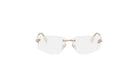 A pair of clear rimmed glasses with gold-colored metal frames.