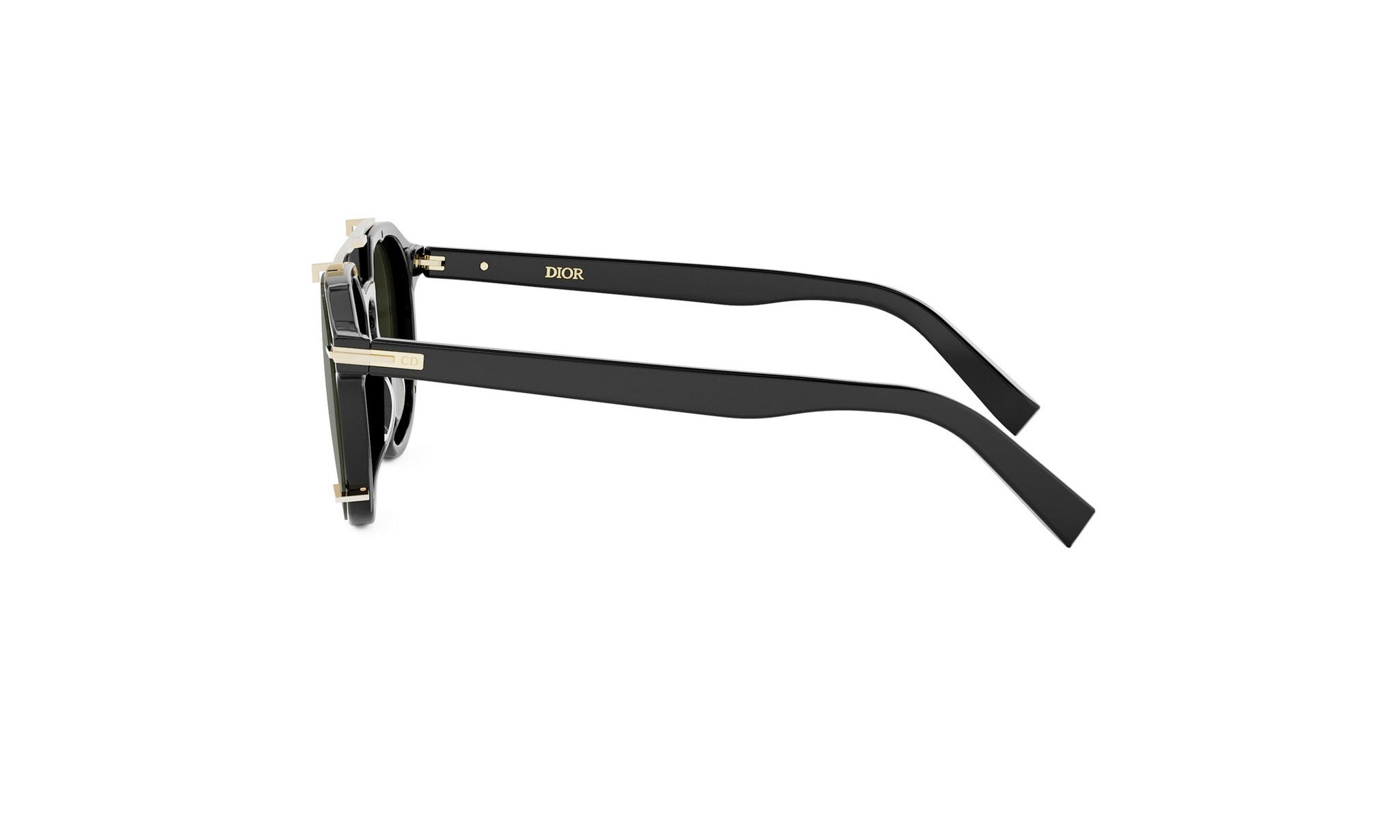 A pair of black sunglasses with gold accents.