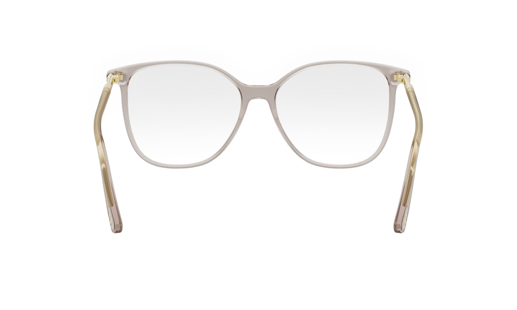 A pair of white-framed glasses with gold-colored arms, displayed against a white background.