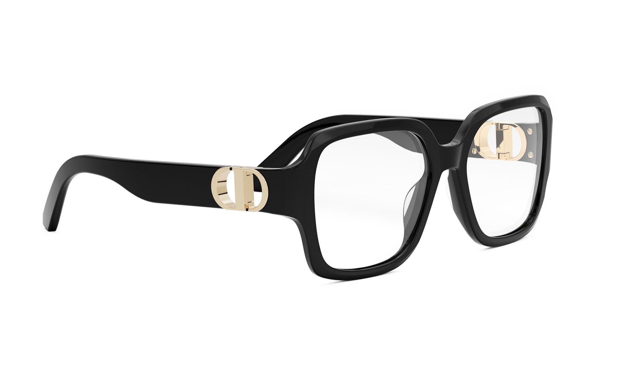 A pair of black-framed glasses with gold accents, featuring a large D-shaped logo on the side.