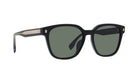 A pair of black sunglasses with dark green lenses.