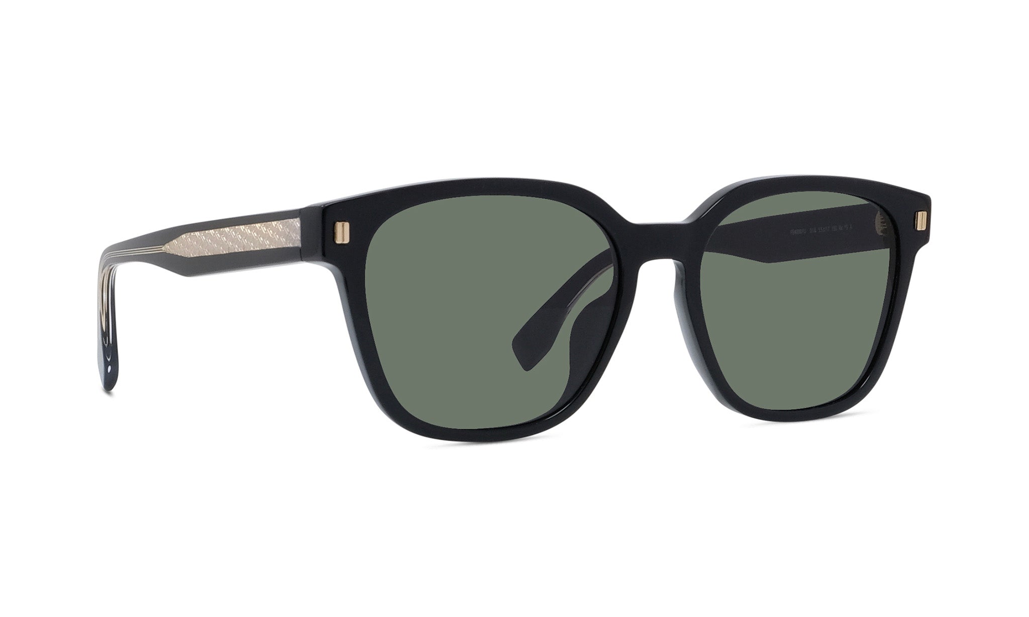 A pair of black sunglasses with dark green lenses.