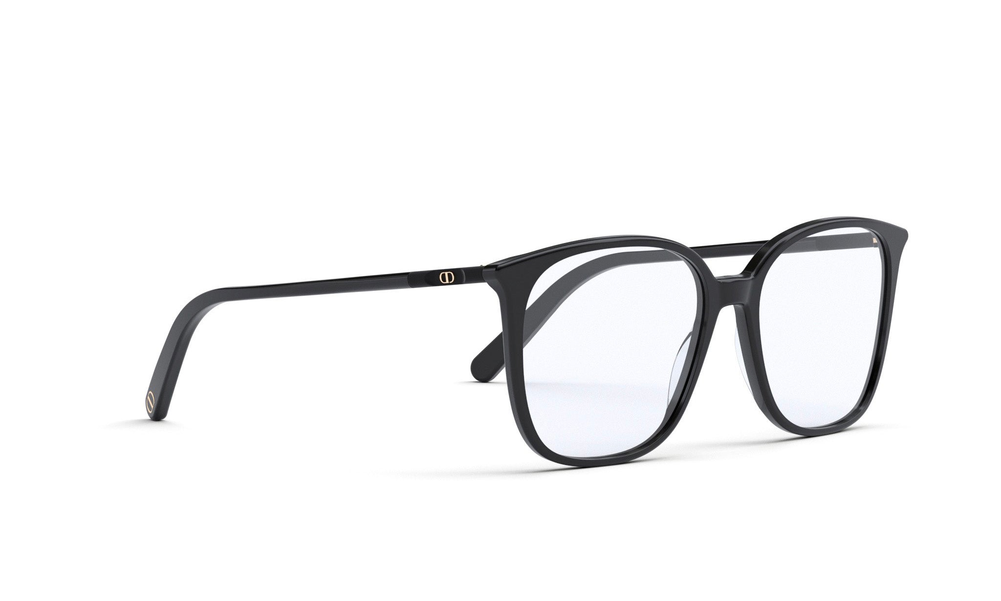 A pair of black-framed glasses with clear lenses is shown against a white background.