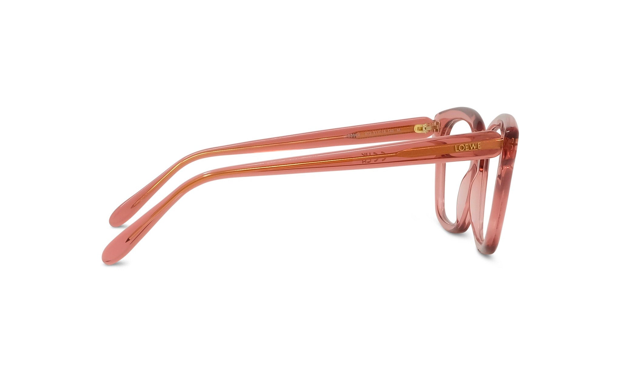 A pair of pink-tinted eyeglasses with the LESS THAN 500 characters logo on the temples.
