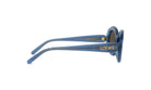 A pair of blue sunglasses with the brand name "LOEWE" printed on the side.