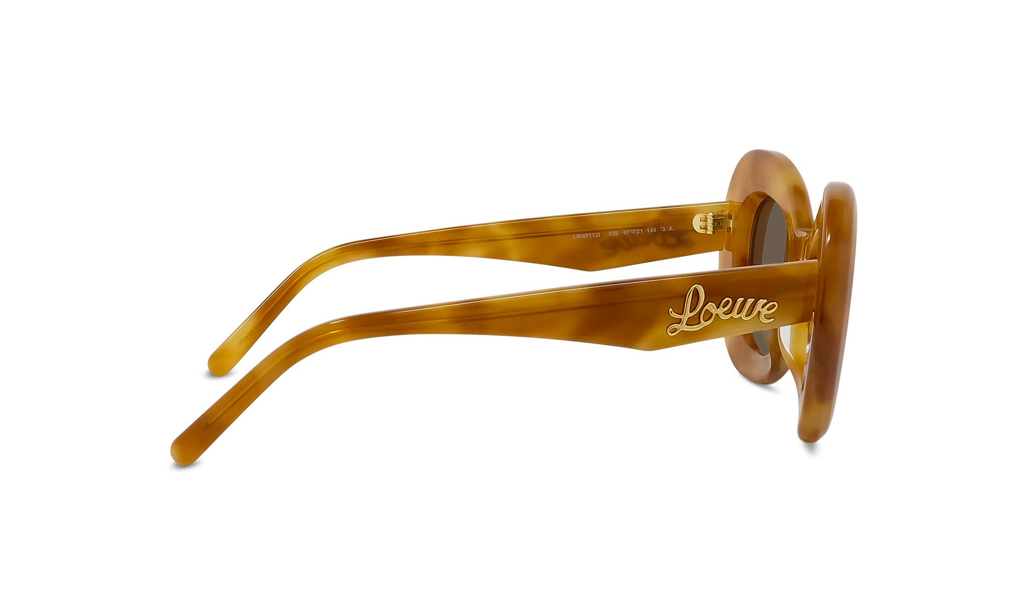 A pair of brown-tinted sunglasses with the LESS THAN 500 characters logo on the frame.