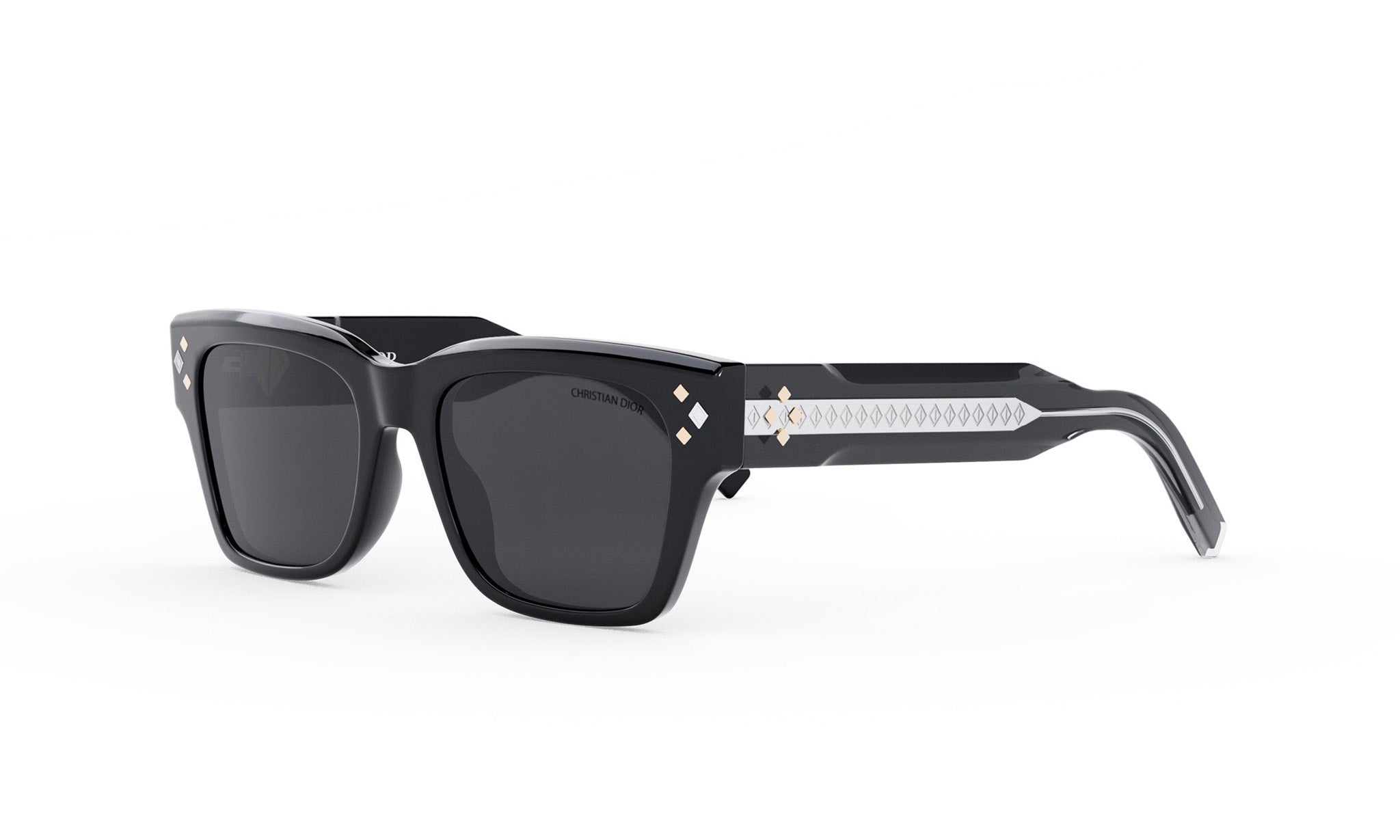 A pair of black sunglasses with a diamond-shaped frame and a white pattern on the side.
