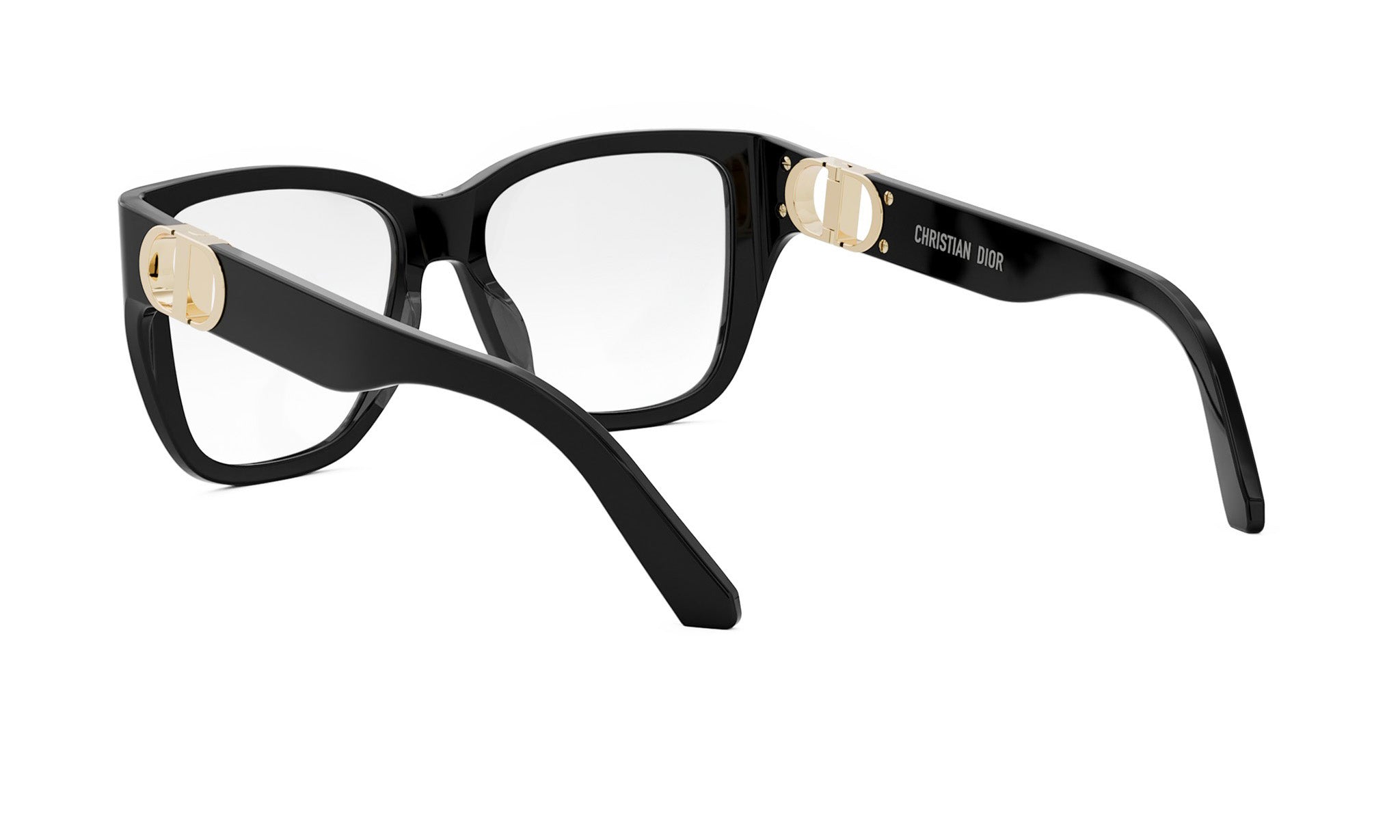 A pair of black-framed glasses with gold accents, featuring the logo of Christian Dior.