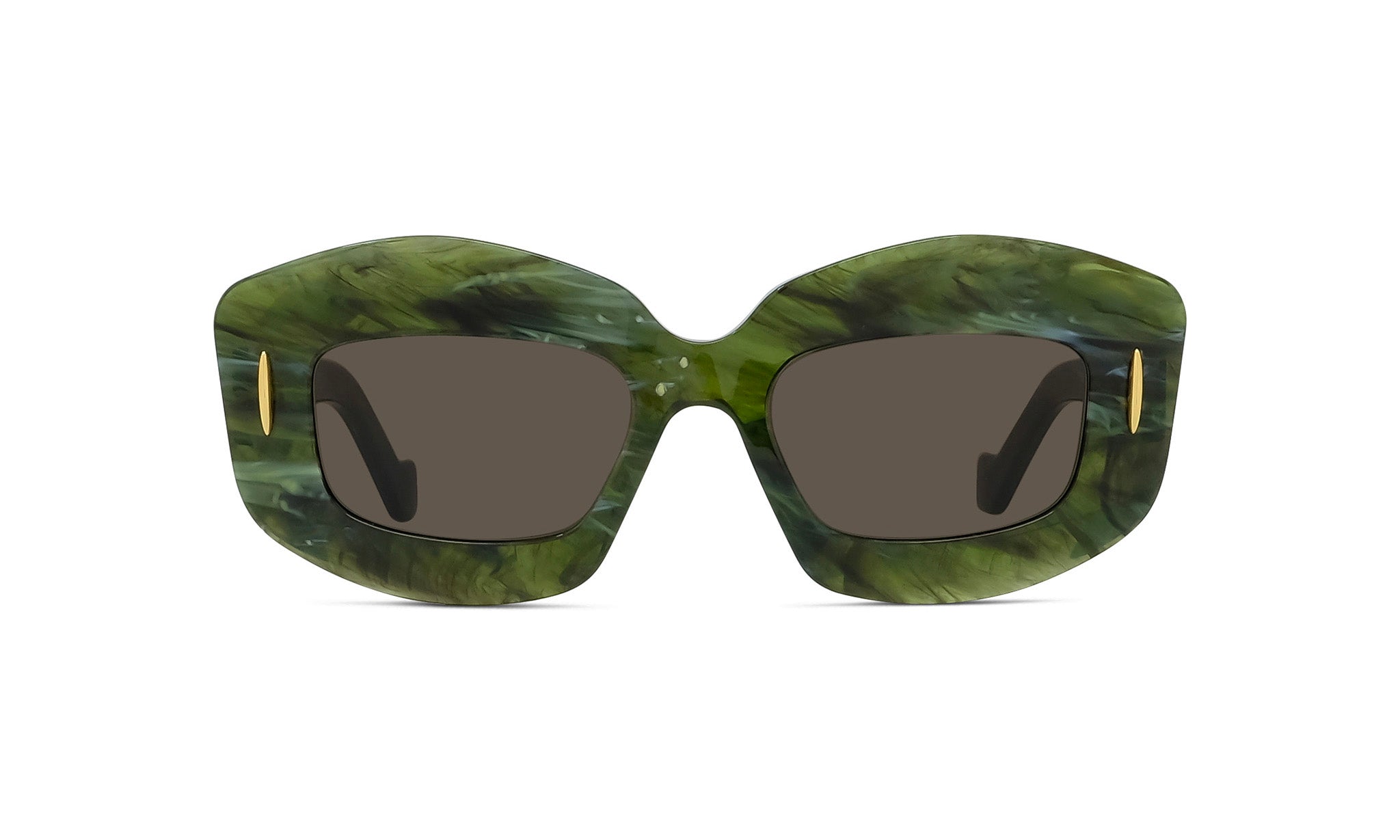 A pair of green-tinted sunglasses with dark lenses.