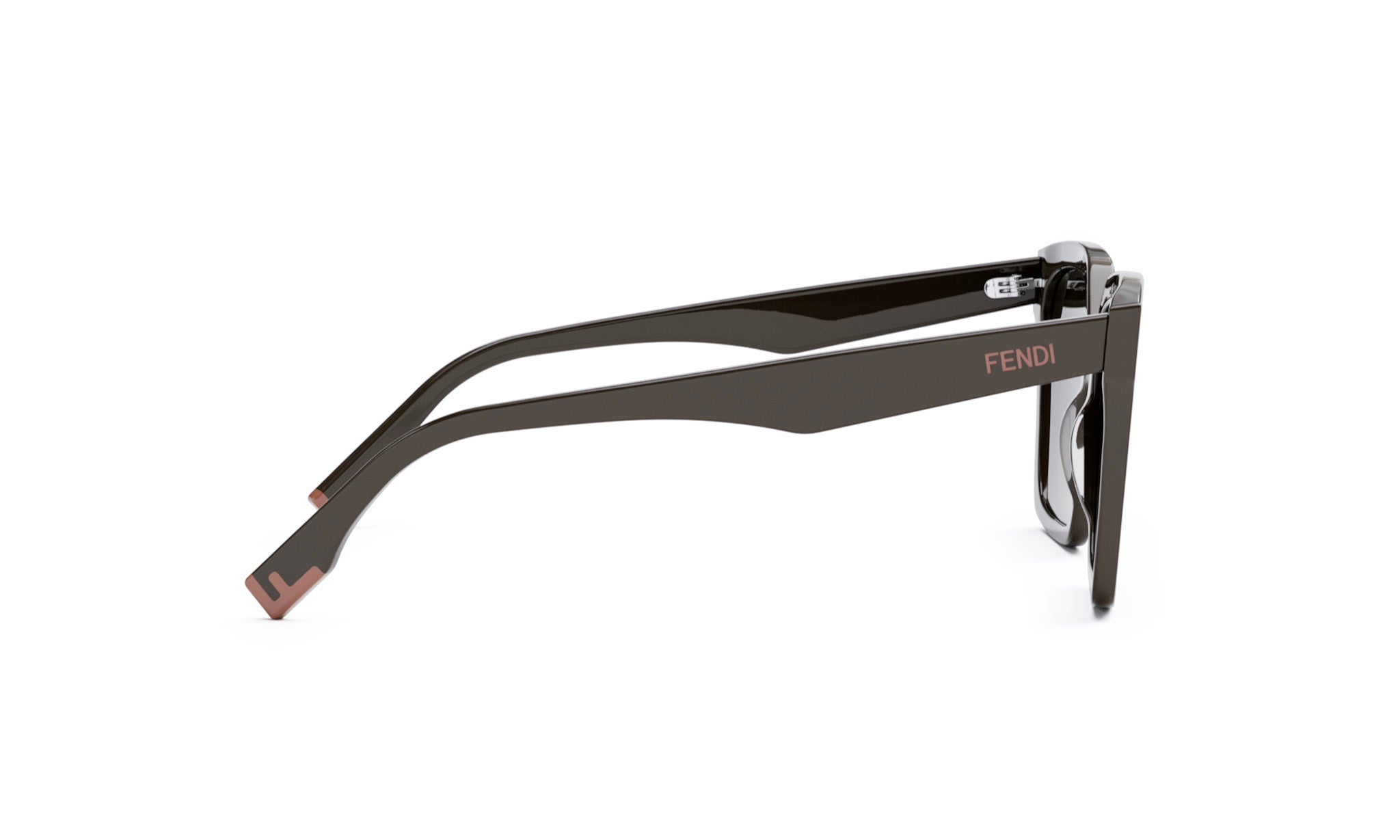 A pair of dark-colored sunglasses with the Fendi logo visible on the frame.