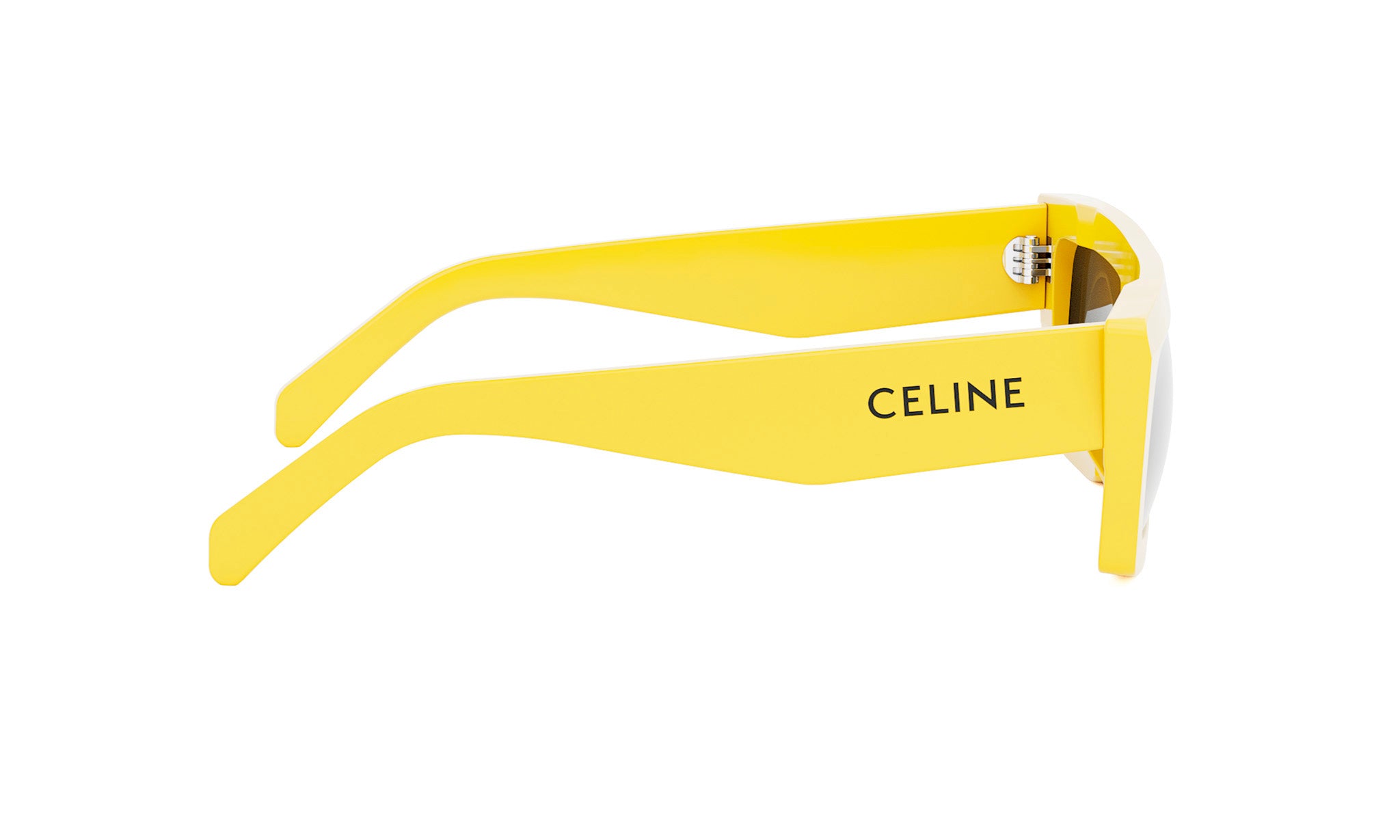 A pair of yellow sunglasses with the Celine logo on the frame.