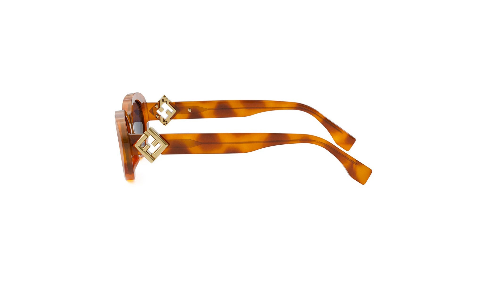 A pair of brown sunglasses with gold accents, featuring a distinctive design.