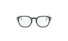 A pair of dark green-framed glasses with clear lenses, set against a white background.