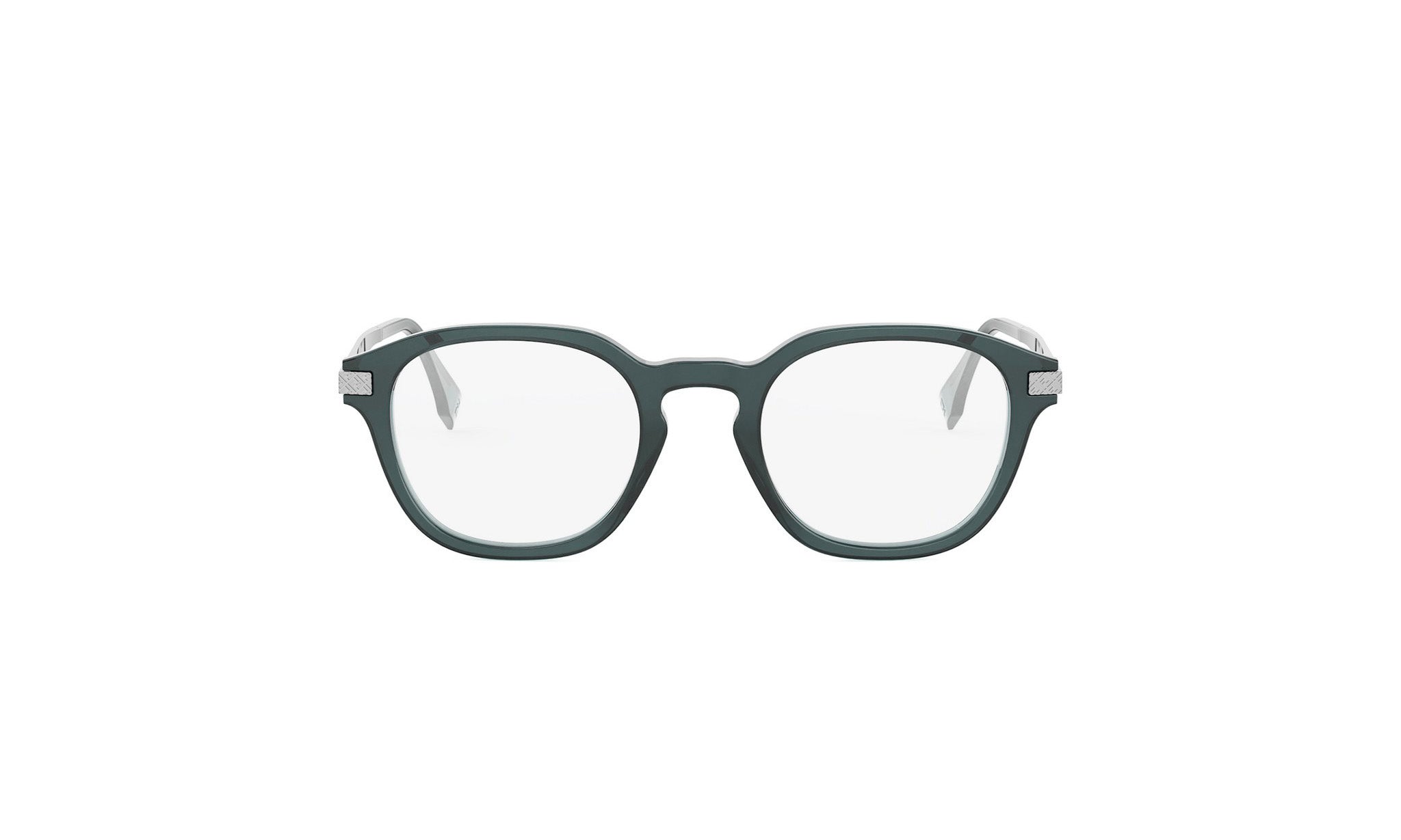A pair of dark green-framed glasses with clear lenses, set against a white background.
