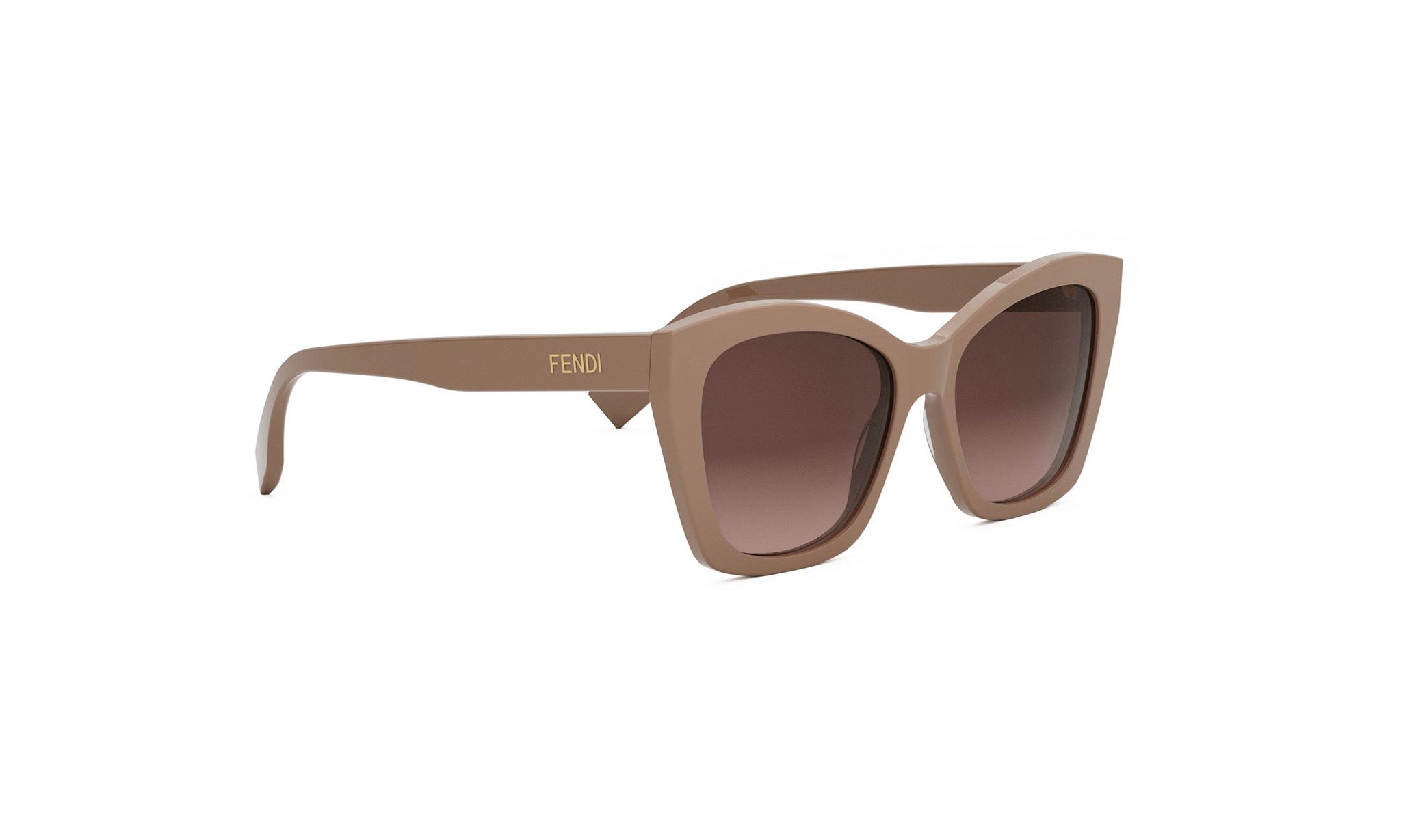 A pair of tan-colored sunglasses with the Fendi logo on the frame.