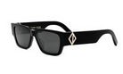 A pair of black sunglasses with a diamond-shaped logo on the frame.