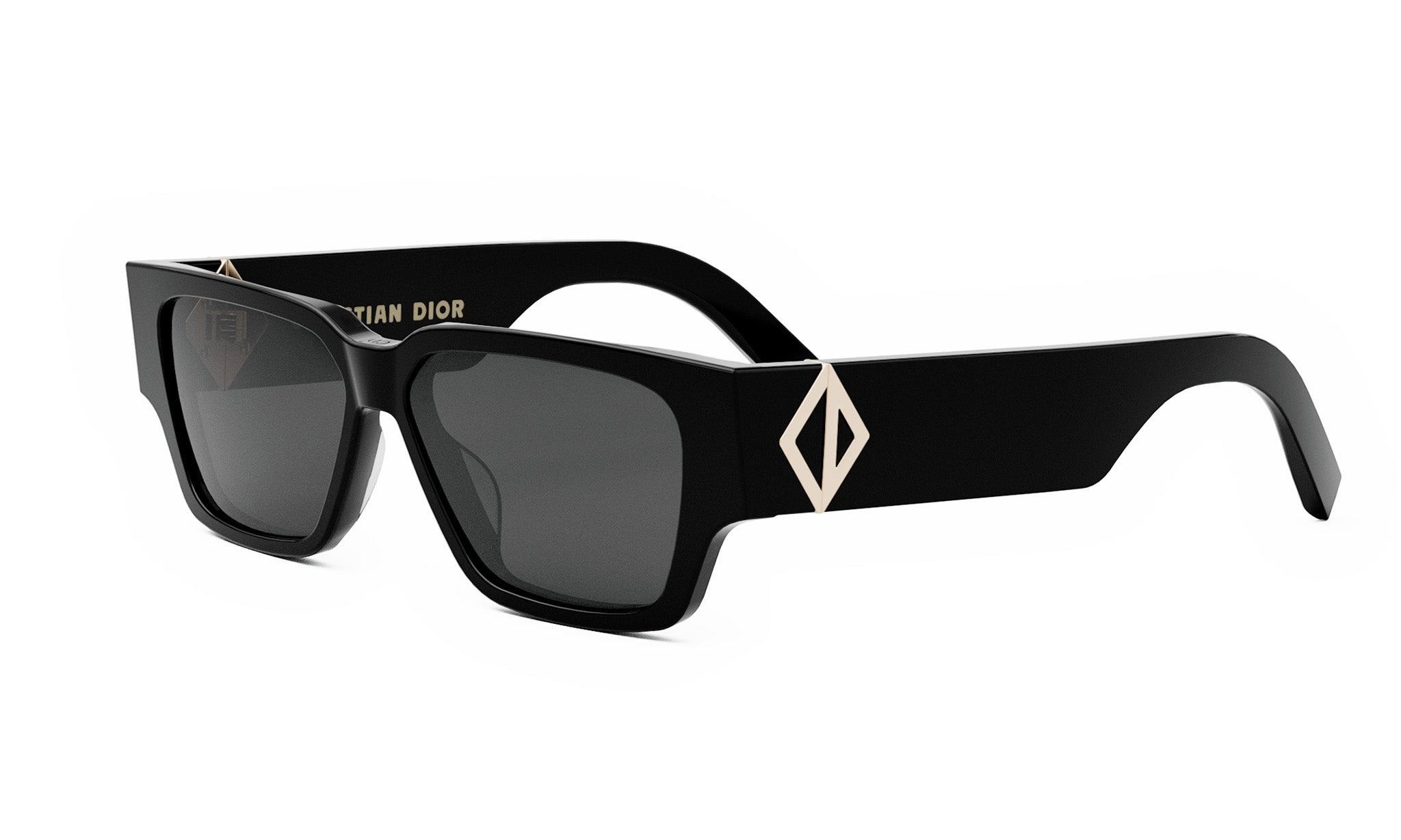 A pair of black sunglasses with a diamond-shaped logo on the frame.