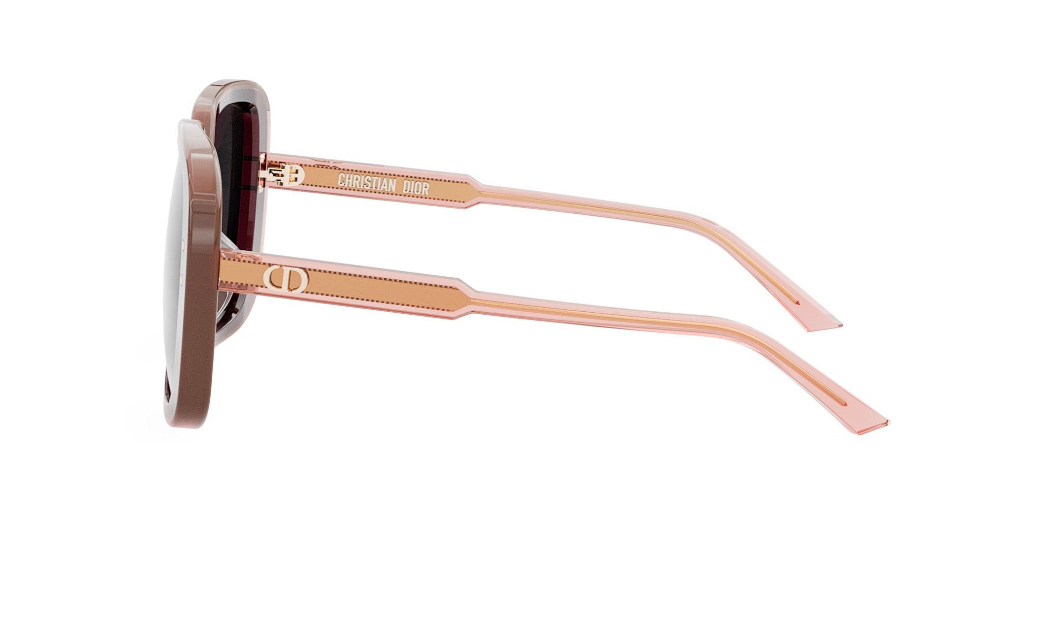 A pair of sunglasses with a brown frame and pink temples.