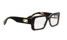 A pair of stylish, square-framed glasses with a dark frame and gold accents.