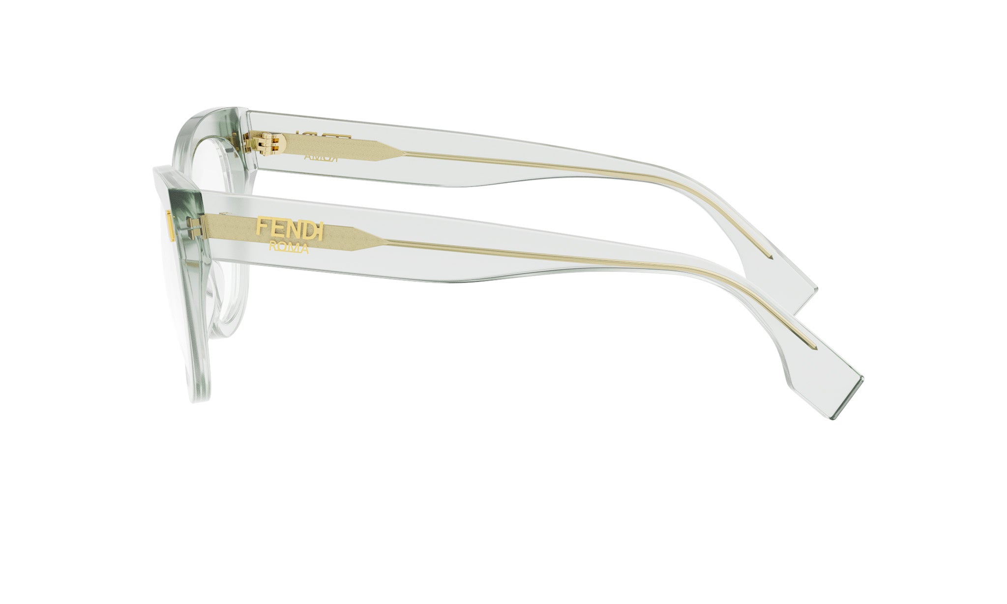 A pair of Fendi-branded eyeglasses with a clear plastic frame and gold accents.