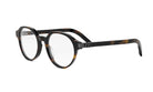 A pair of tortoiseshell-framed glasses with a black frame and clear lenses.