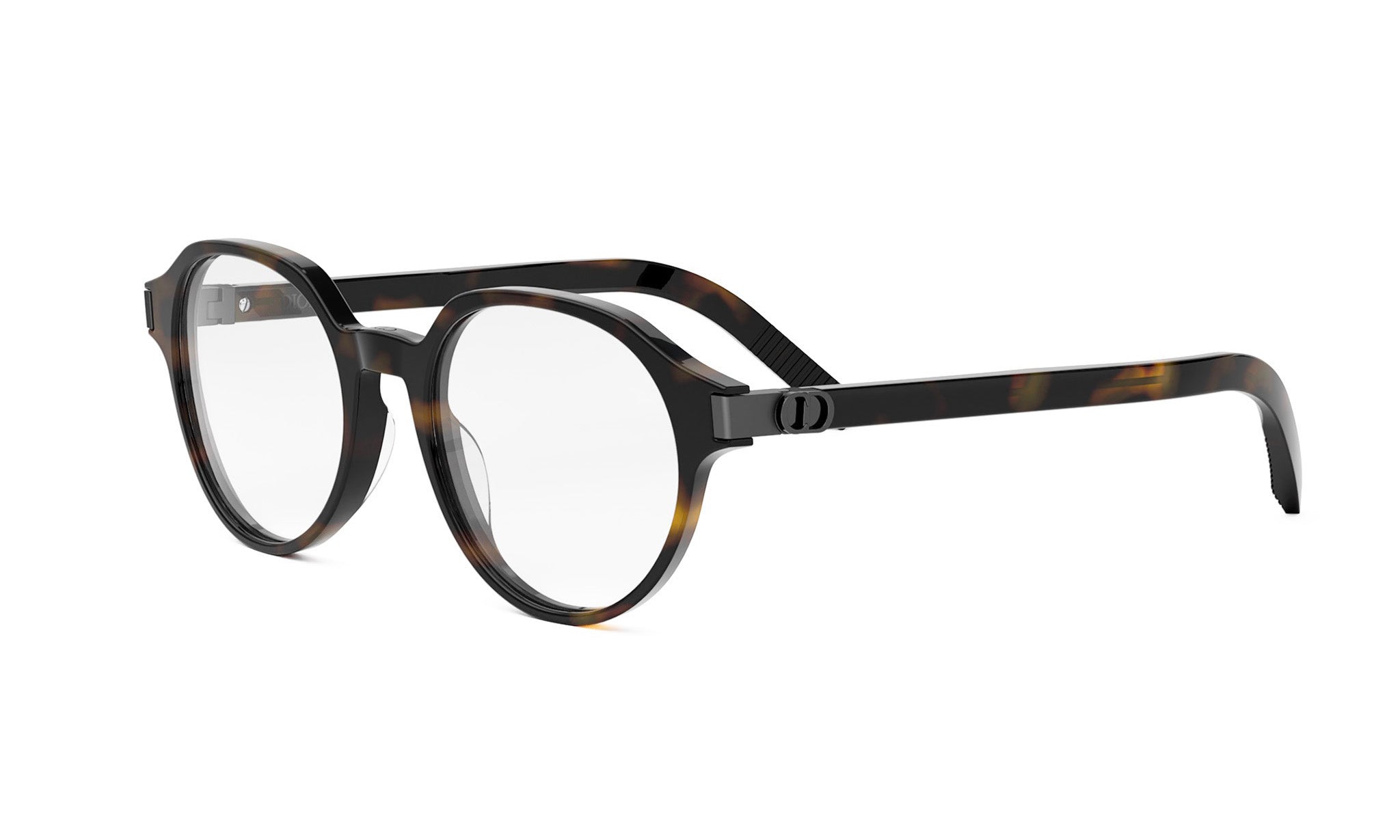 A pair of tortoiseshell-framed glasses with a black frame and clear lenses.
