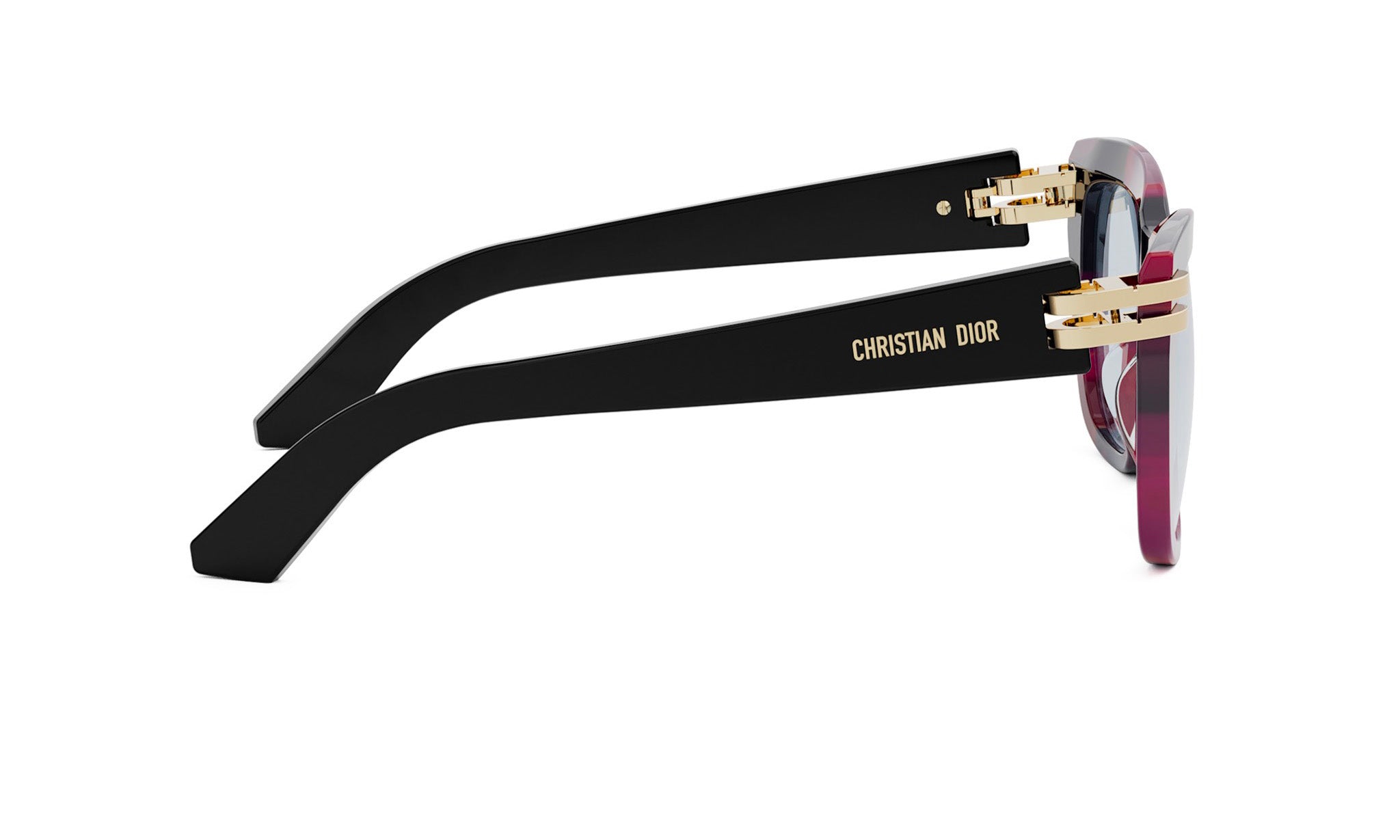 A pair of stylish sunglasses with a black frame and gold accents.