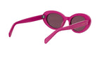 A pair of pink sunglasses with dark lenses.