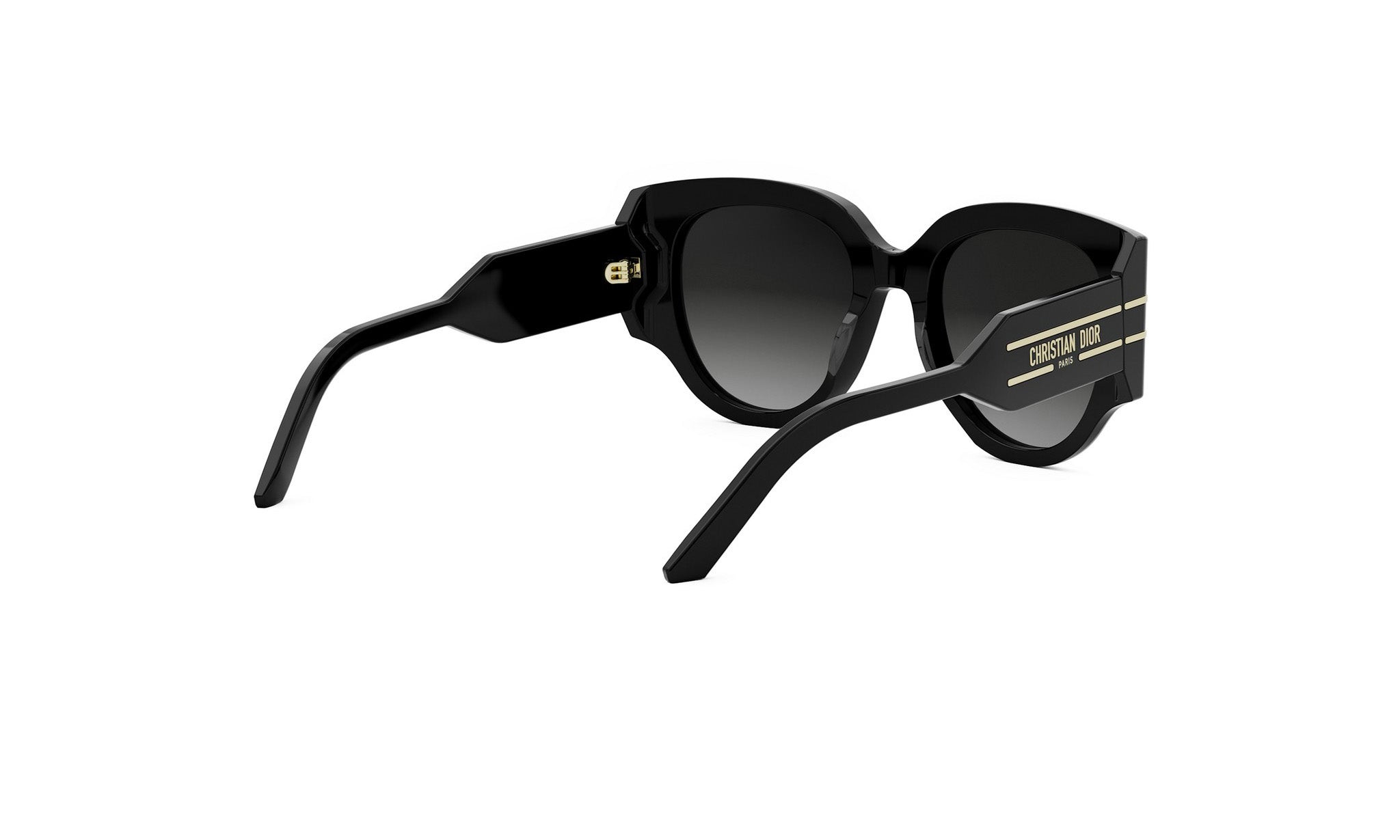 A pair of black sunglasses with a gold logo on the frame.