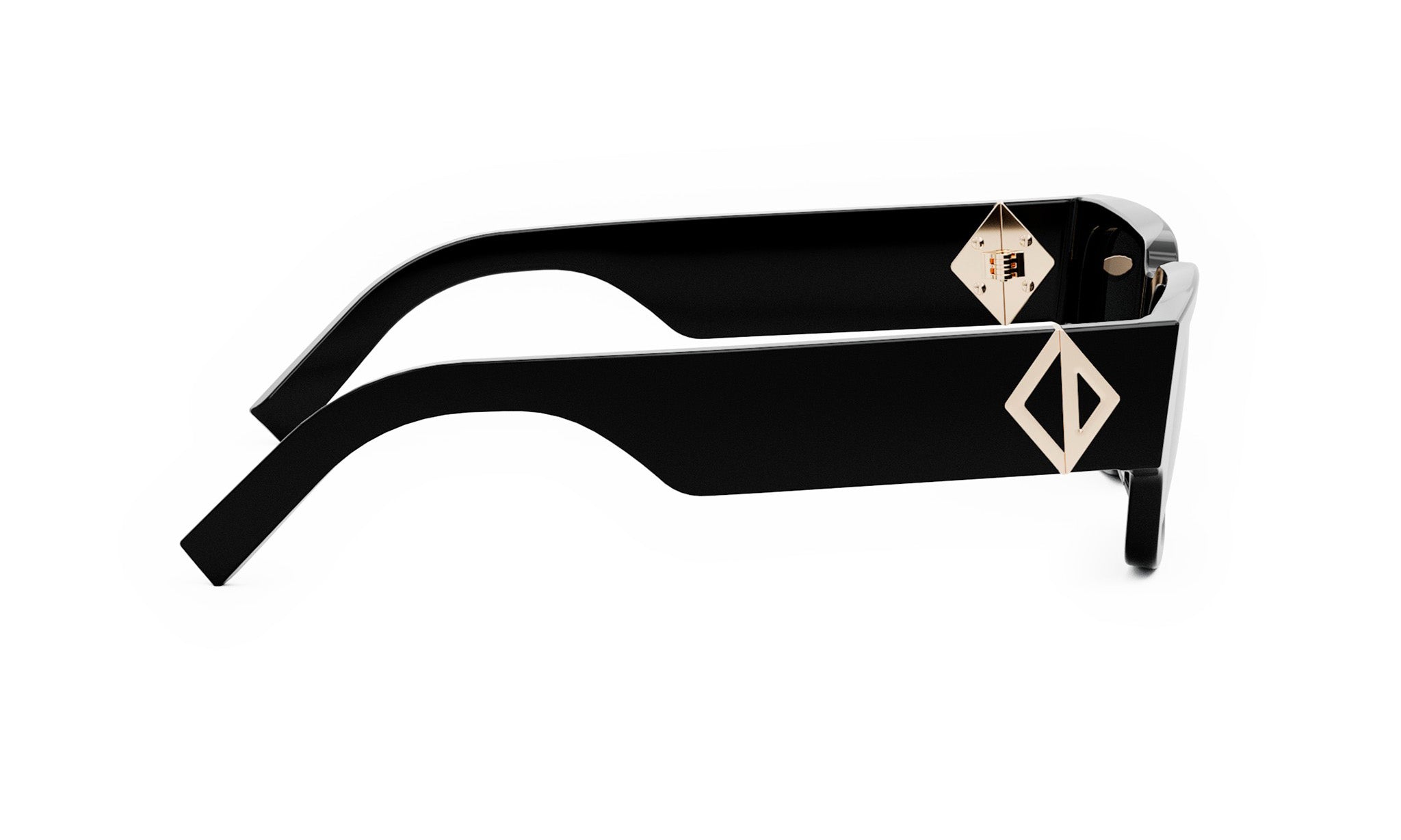 A pair of black sunglasses with a gold-colored diamond-shaped logo on the frame.