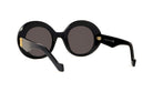 A pair of black, round sunglasses with gold accents.