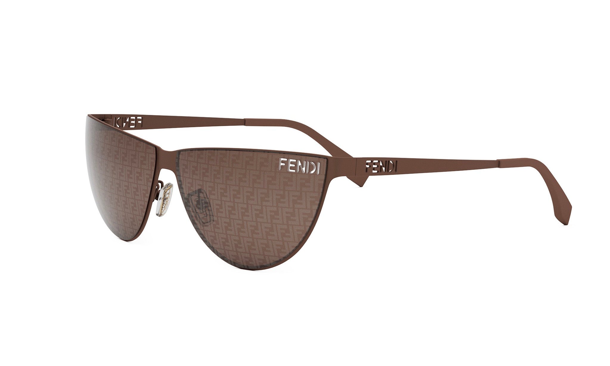 A pair of brown Fendi sunglasses with a distinctive patterned frame.